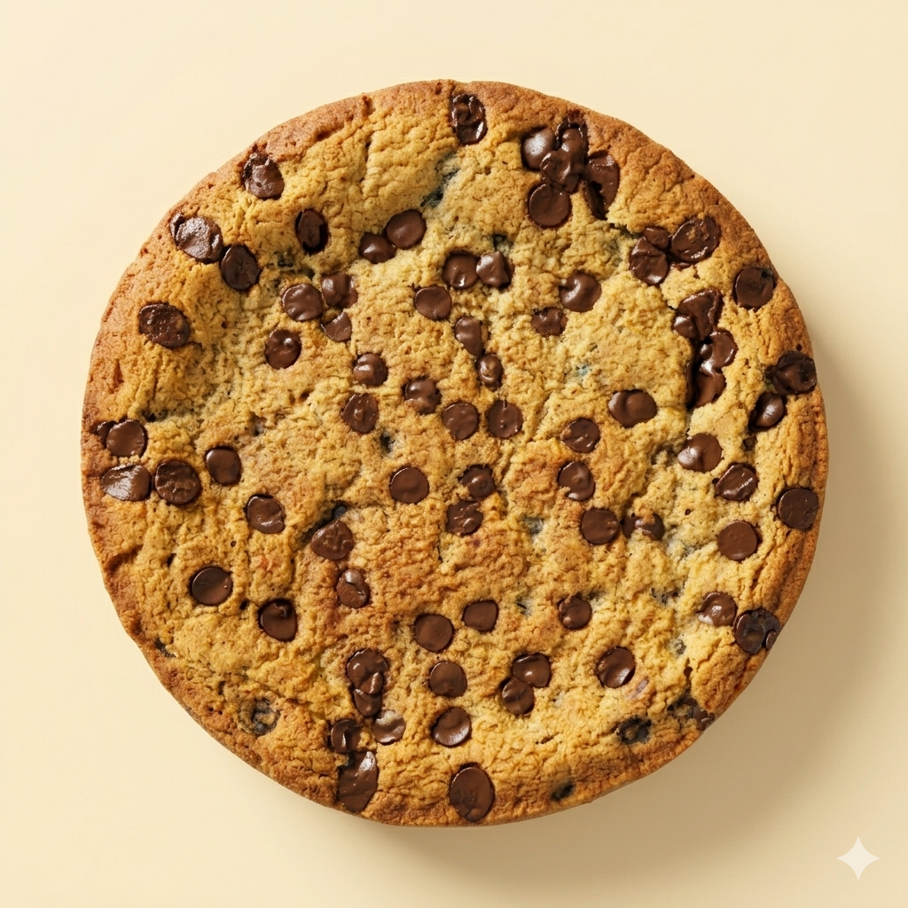 Chunky chocolate chip pro max 8 inch giant cookie on beige background