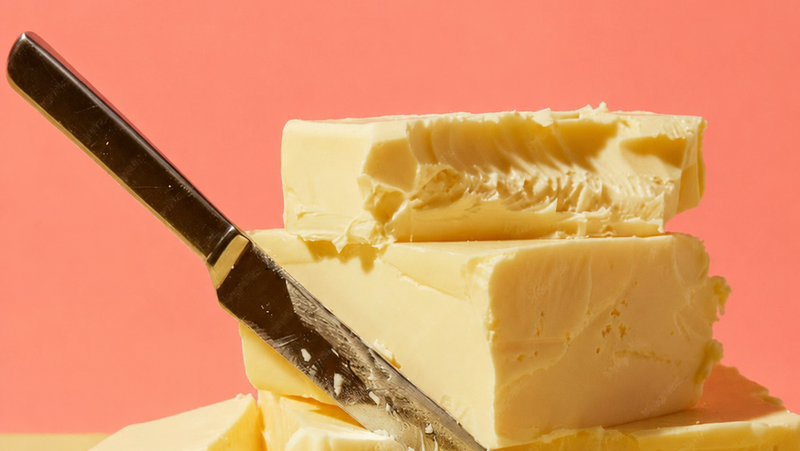 Block of butter with a knife on a pink background
